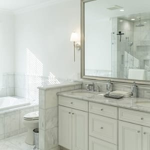 Luxurious master bath in Loch Arbour with 100% Carrara marble walls, floors andfull oversized shower.