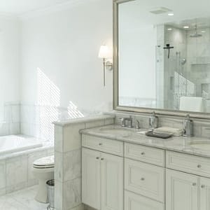 Luxurious master bath in Princeton Junction with 100% Carrara marble walls, floors andfull oversized shower.